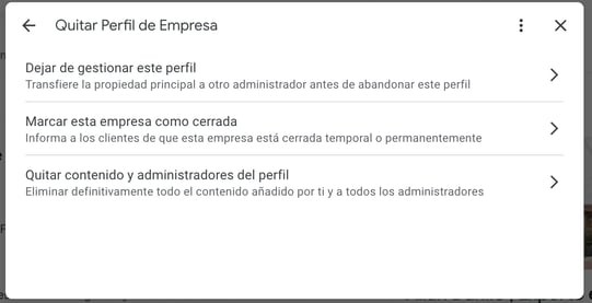 Captura de pantalla del panel Quitar perfil de empresa de Google