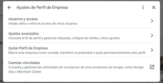 Captura de pantalla del panel de ajustes de Google Business Profile
