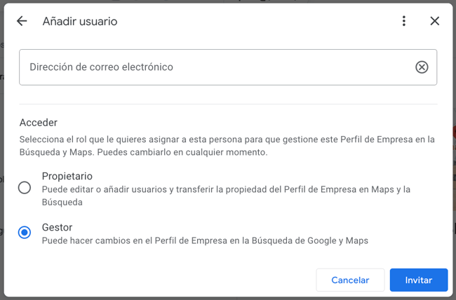 como añadir un propietario o gestor al perfil de empresa en Google